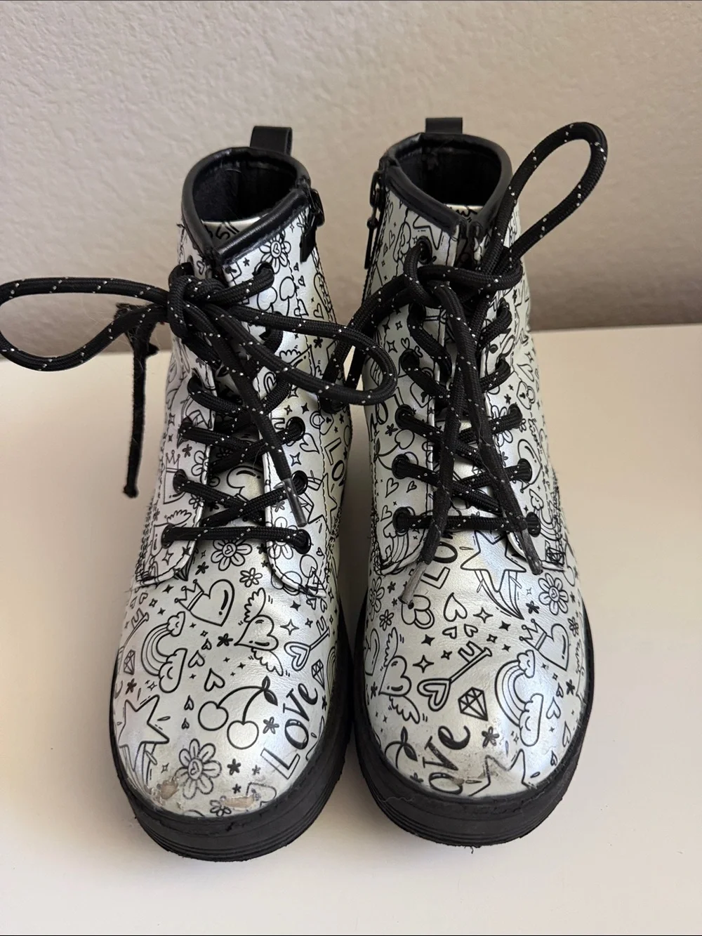 Skechers White & Black Doodle Combat Boots for Kids